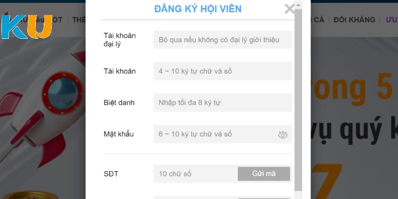 Giao diện đăng ký tham gia Ku casino